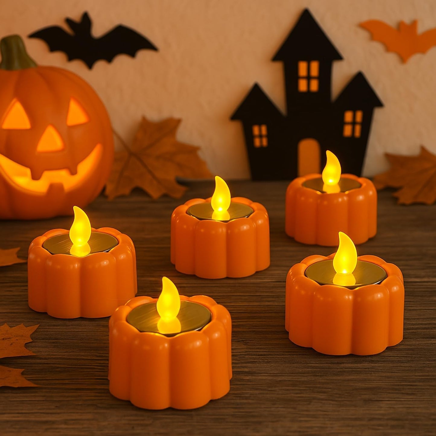 6PCS Orange Solar Pumpkin Tea Lights Outdoor Candle,Autumn Flameless Candles Battery Operated IP44 Waterproof Reusable for Halloween Christmas Party,Fall Garden Camping Home Decor