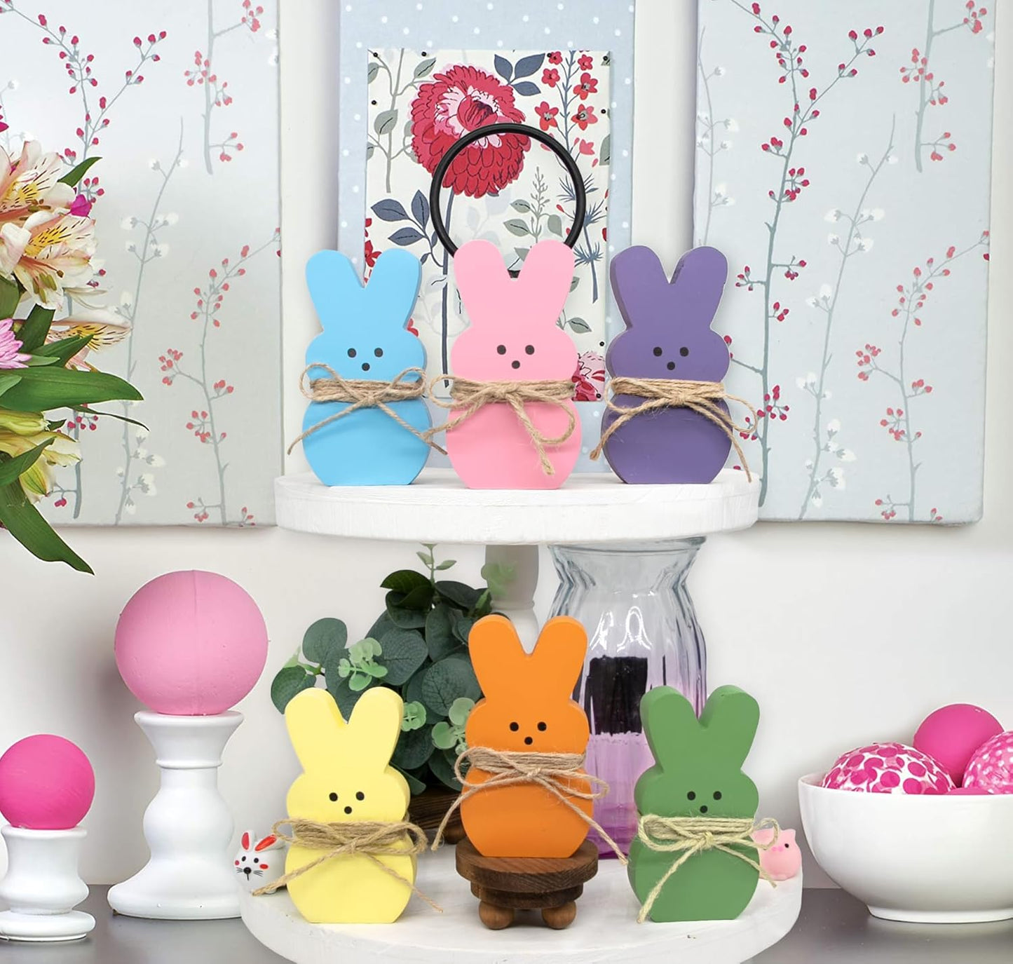 DAZONGE Easter Decorations - 6PCS Wooden Bunny Peeps Signs for Mantel Table Shelf Tiered Tray Decor - Easter/Spring Decorations for Home