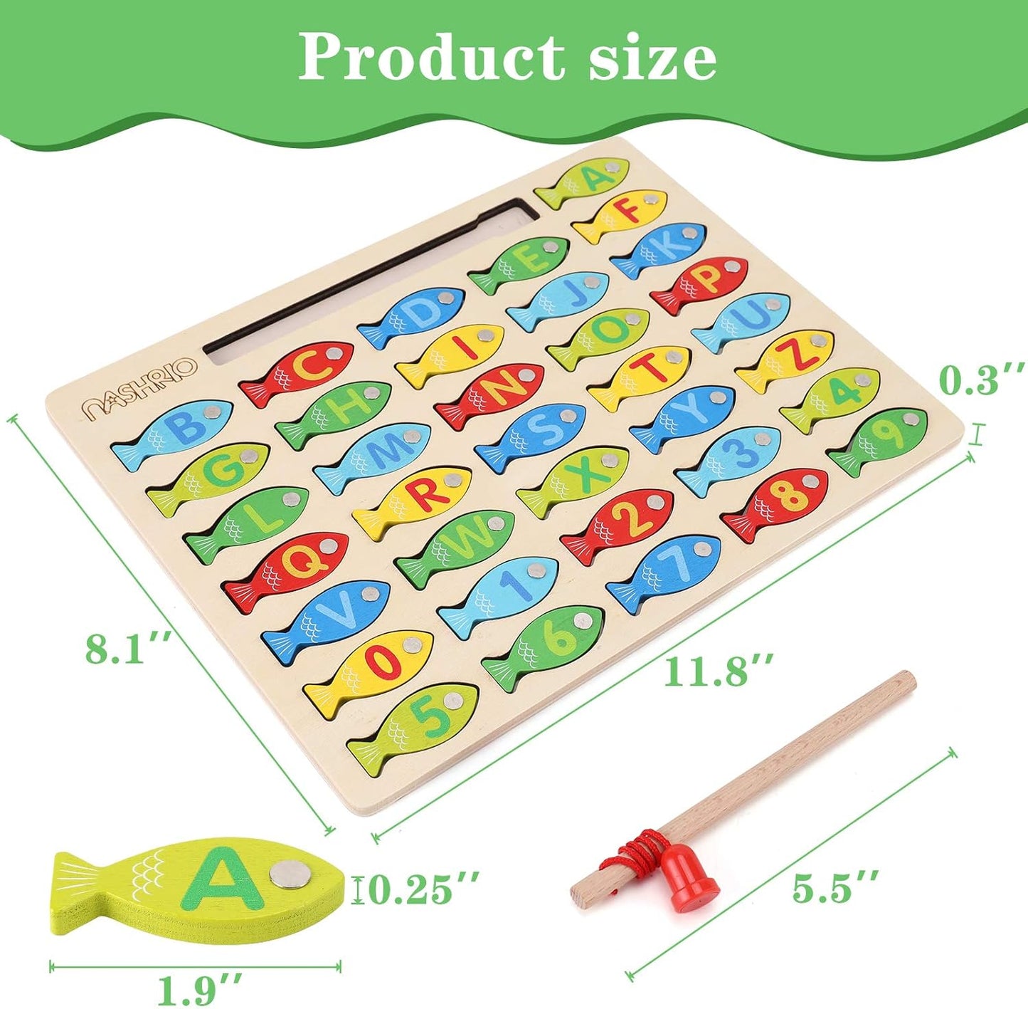 Magnetic Wooden Fishing Game Toy for Toddlers, Alphabet Fish Catching 