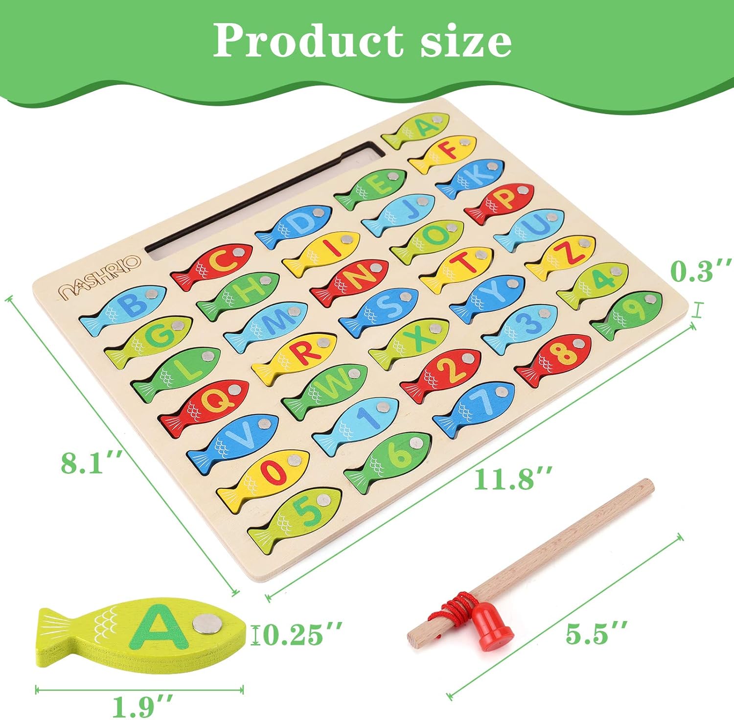 Magnetic Wooden Fishing Game Toy for Toddlers, Alphabet Fish Catching 