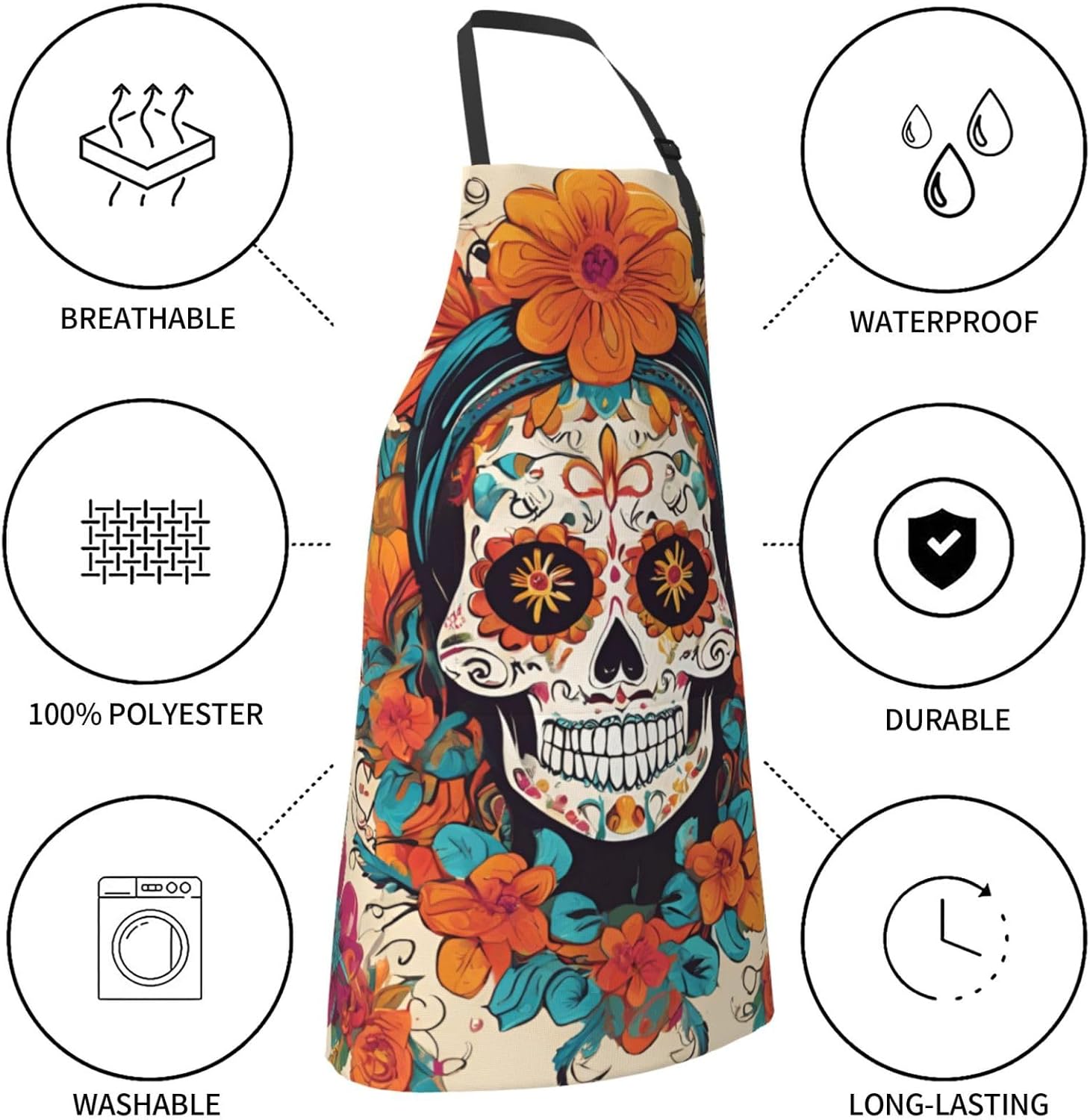 YANYU Floral Skull Print 28x33 In Kitchen Apron Stylish Chef Apron wit