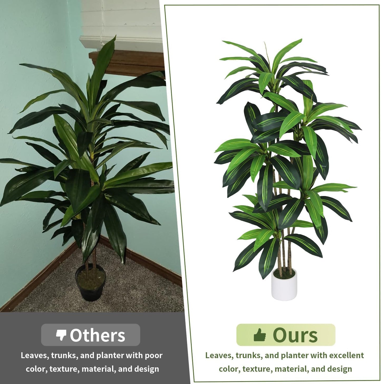 Artificial Dracaena Tree 5FT - Fake Plants Tree with White Planter - Faux Yucca Tree Tall with Lifelike Trunk and Leaves in Pot - Dracaena Artificial Plant for Home Office Living Room Decor