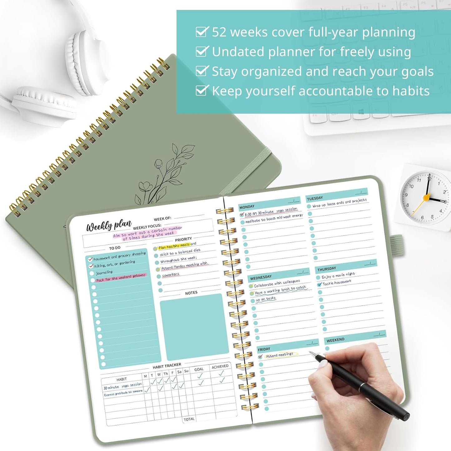 Undated Weekly Planner, Weekly To Do List Notebook with Goal & Habit T