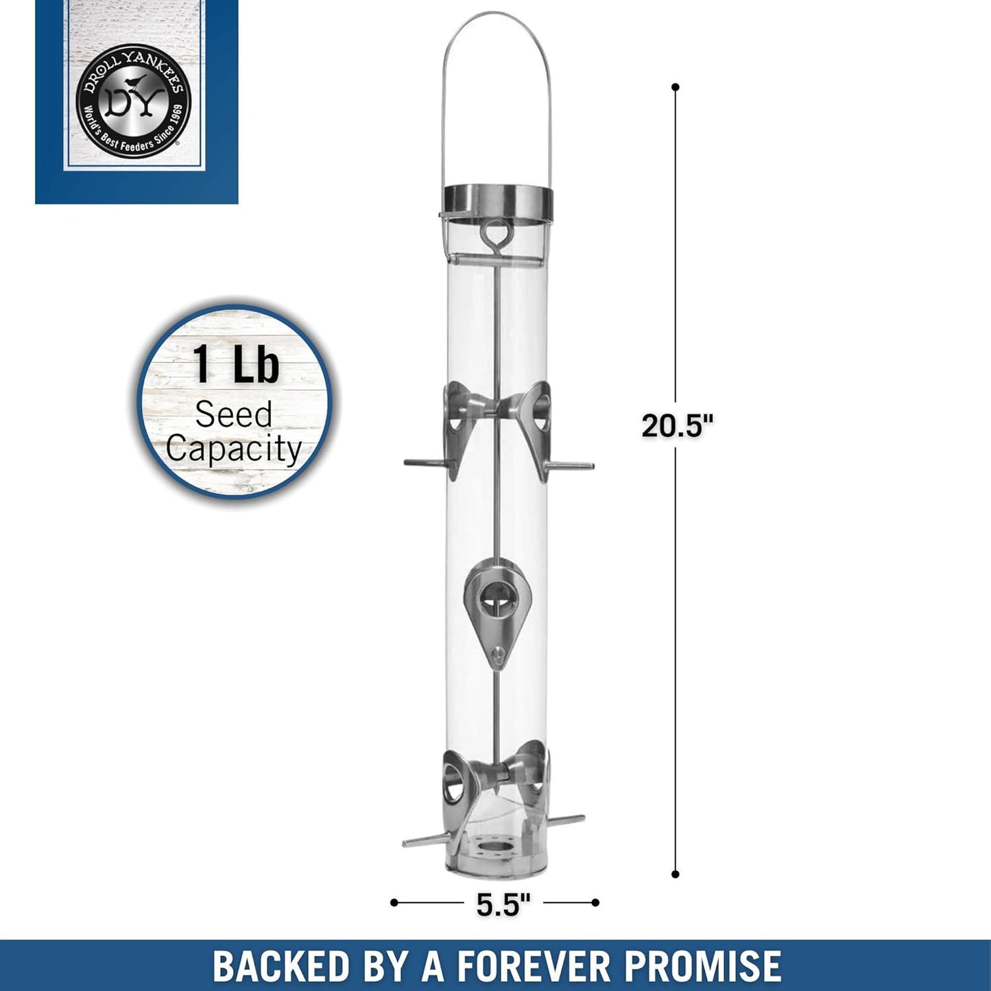 Droll Yankees Classic Sunflower or Mixed Seed Bird Feeder, Ring Pull Advantage, 6 Feeding Stations, 1 lb Bird Seed Capacity, 20-Inch