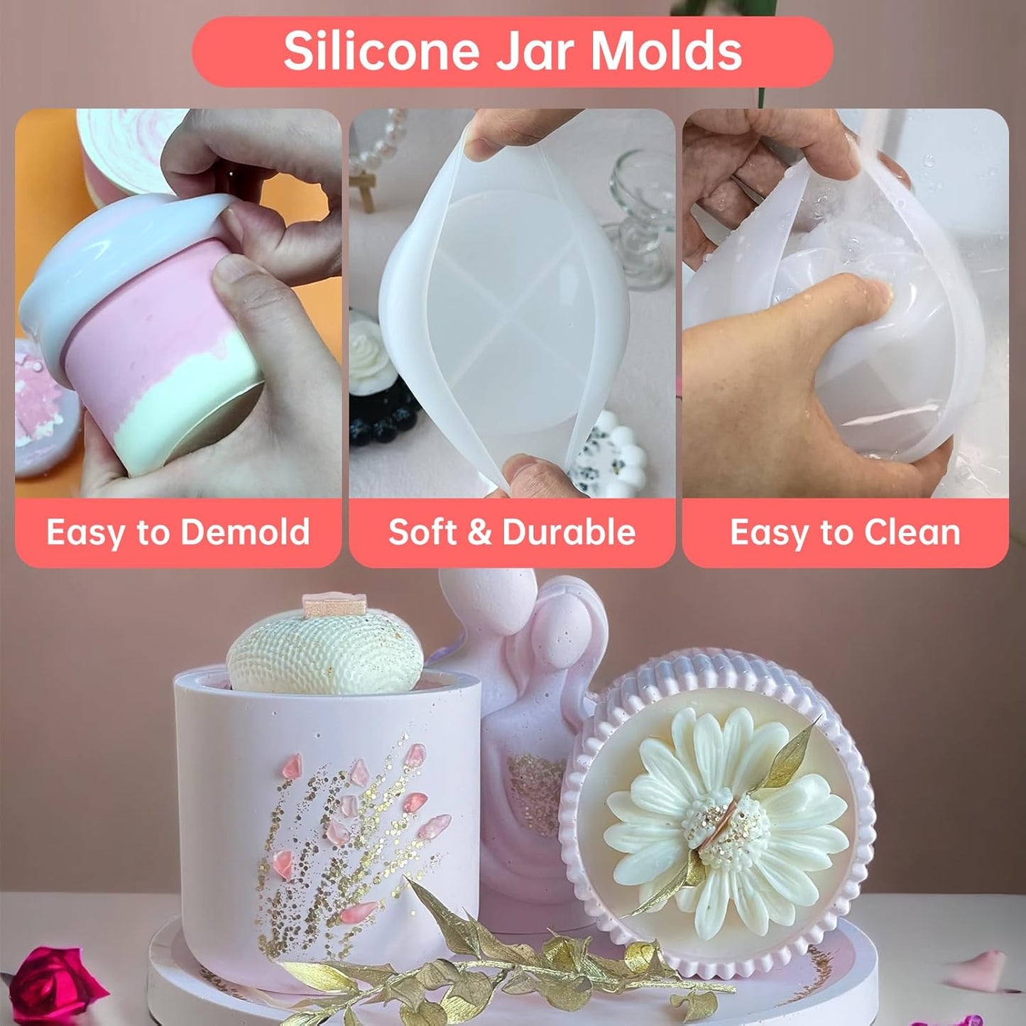 Large Jar Silicone Molds for Epoxy Resin - 2 Pcs Candle Jar Resin Molds with 1 Daisy Candle Mold, Cute Planter Pot Concrete Molds for DIY Jewelry Storage Box, Pen Holder,Mother's Day Gift