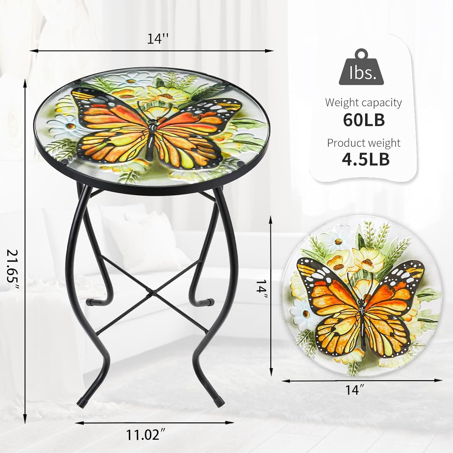 VCUTEKA Patio Side Table Outdoor Accent Table Small Mosaic Table Coffee Table End Table Porch Table Indoor Outdoor Round Glass Balcony Bistro Plant Stands Yellow Butterfly 14 inches