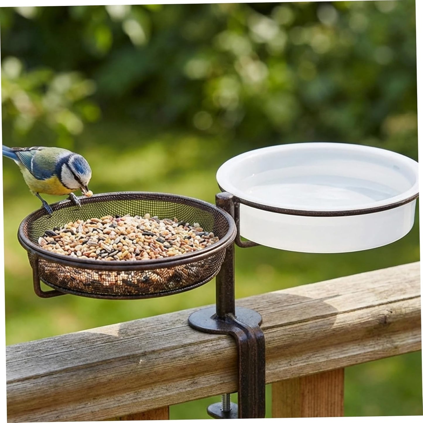 4PCS Bird Feeder Tray, Hanging Birdfeeder & Birdbath 2 Mesh Trays & 2 Water Bowls for Garden, Outdoor Wild Bird Feeding Station