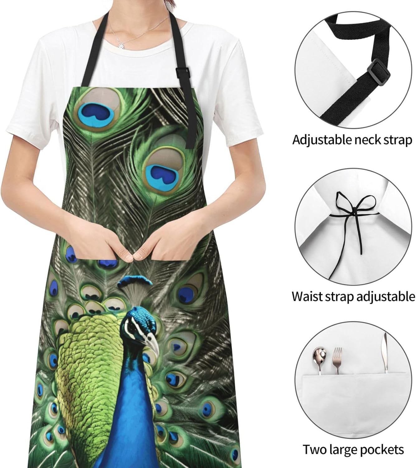 YANYU Fresh peacock Print 28x33 In Kitchen Apron Stylish Chef Apron with Pockets for Cooking Baking Painting