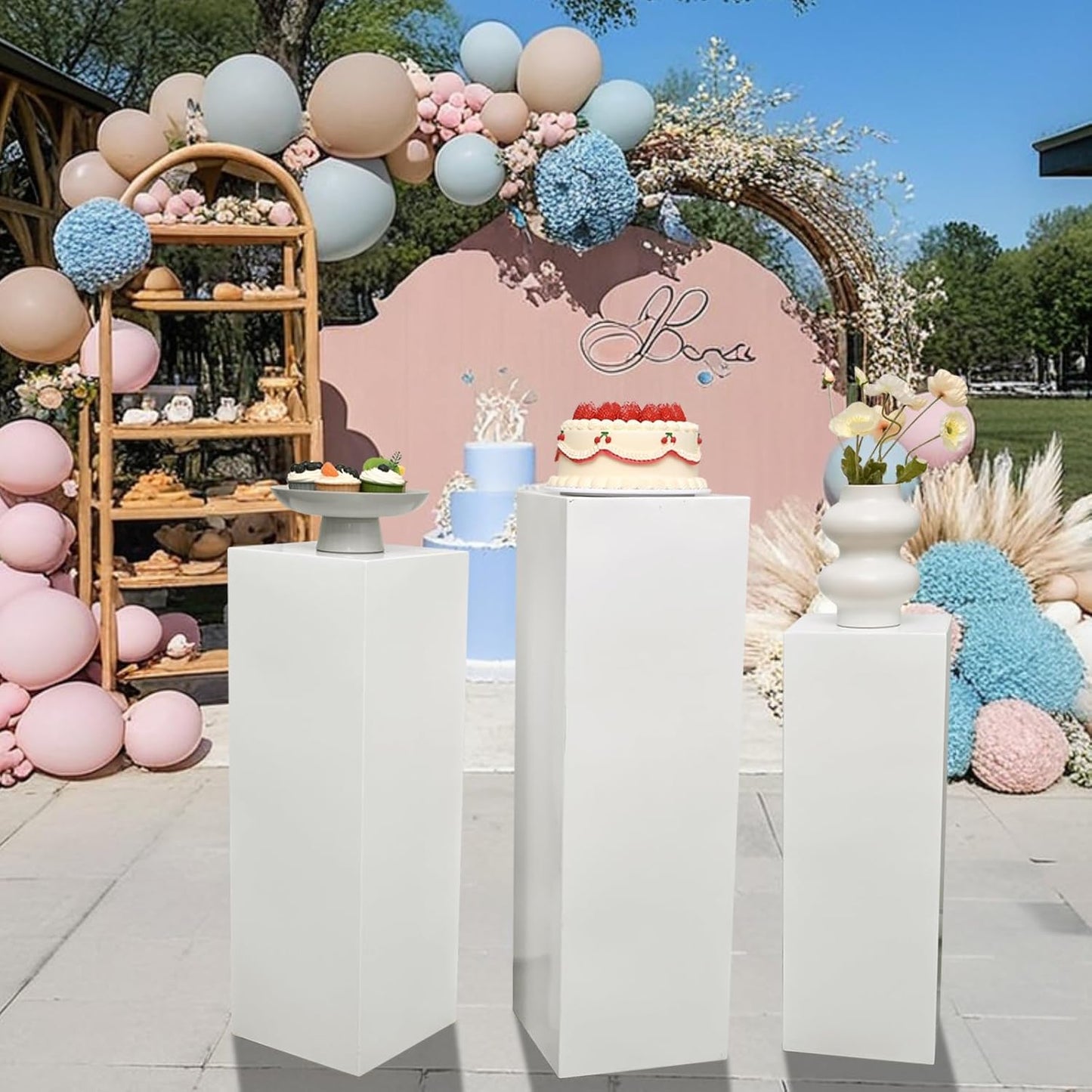 SwallowLiving 3PCS Metal White Display Pedestal Stand for Parties, Square Tall Pedestal Cake Stands Pillars for Wedding, Sculpture Display Stand Column Decoration