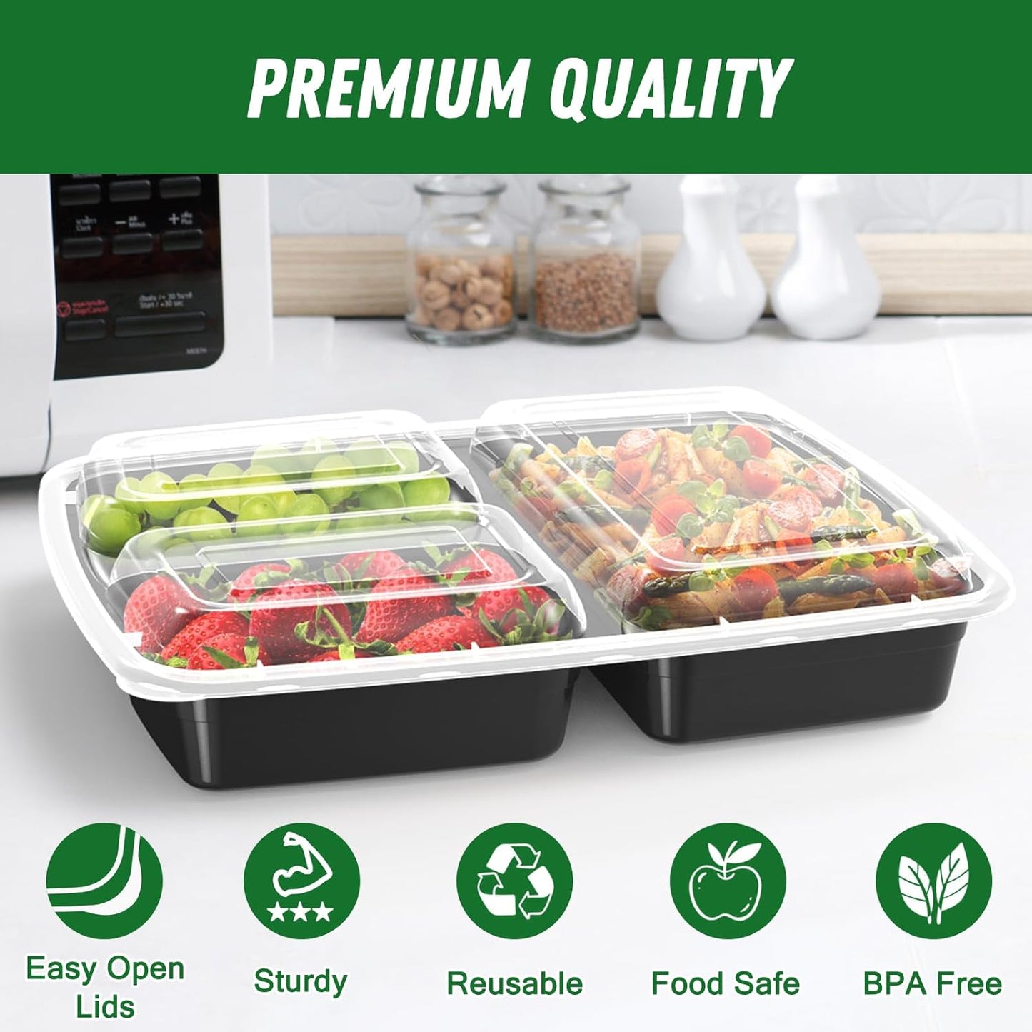 50 Pack (100-Piece) 32 oz Meal Prep Containers Reusable with Lids 3-Co