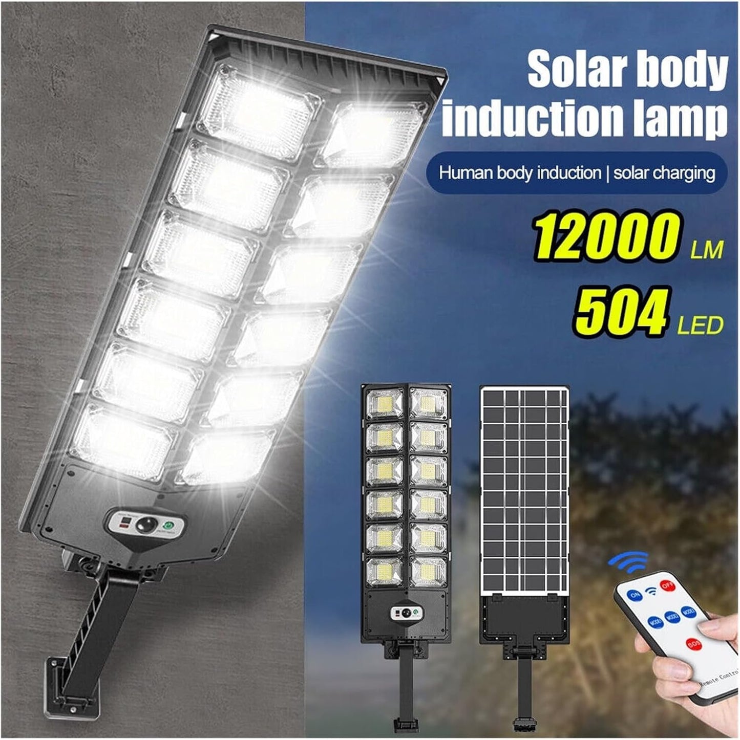 120000LM Solar Light 504LED Street Outdoor 3 Modes Remote Control Garden Road Wall Lamps