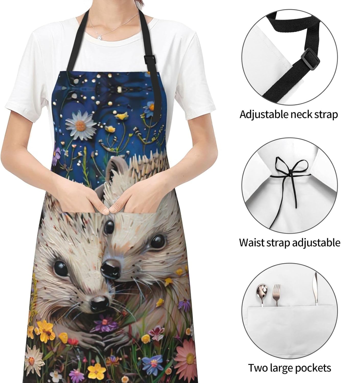 Floral Hedgehogs Print Laundry apron 28x33 In Waterproof Kitchen Apron with Pockets for Cooking Baking