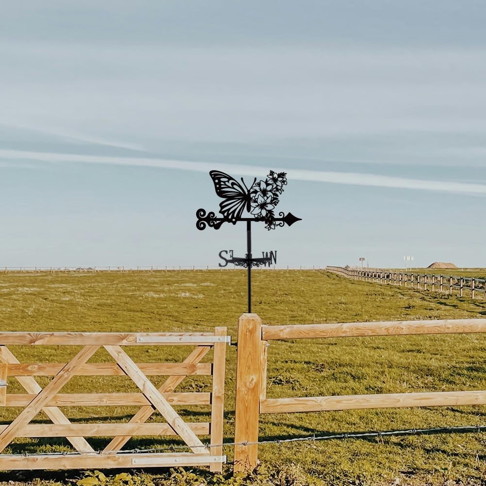 SUPERDANT Butterfly Weathervane Flowers Weather Vane for Yard Metal Wind Vanes Roof Mount for Outside Garden Black Weathervanes Farmhouse Farm Barn Sheds Patio Outdoor Decorations Gifts