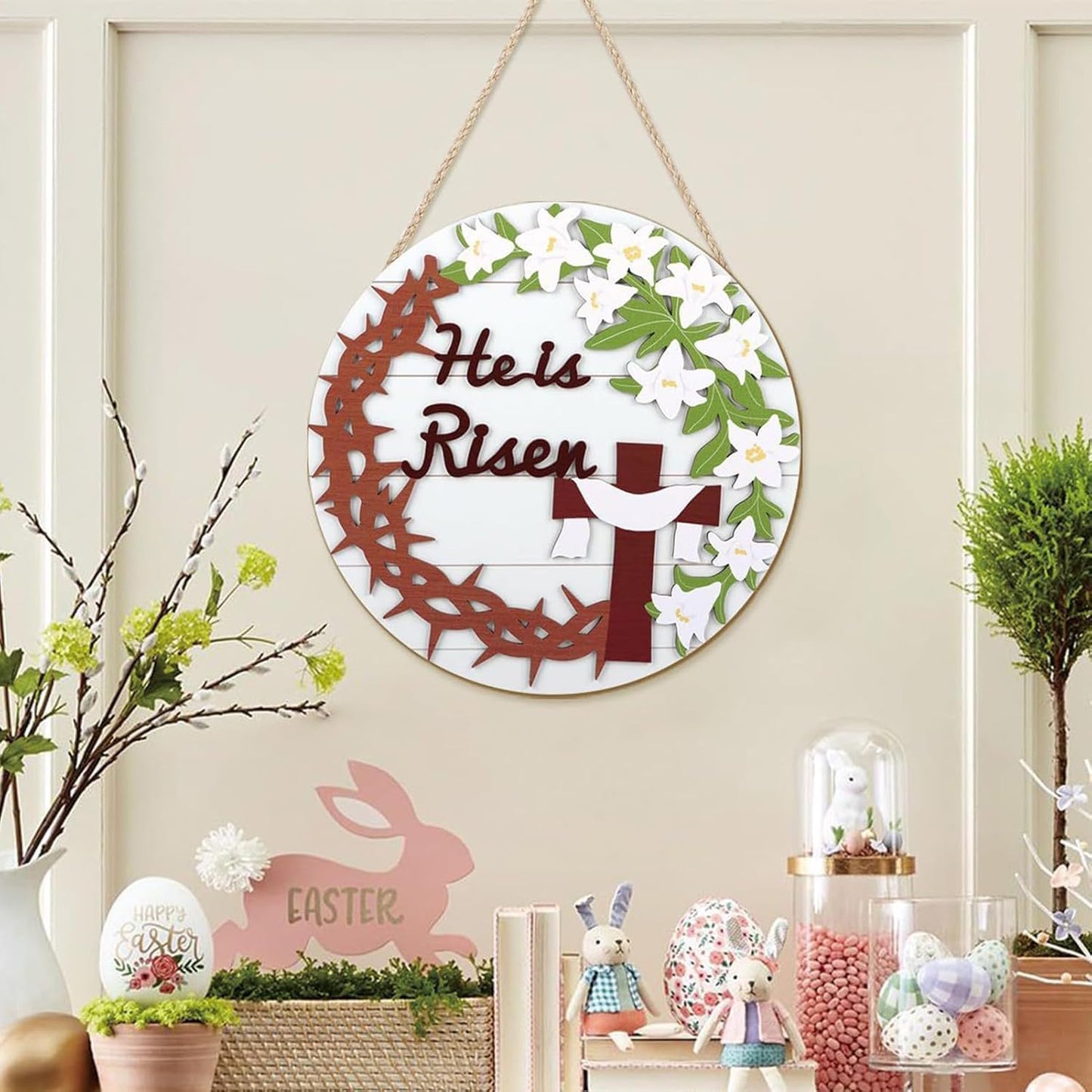 Rustic Wooden Hanger - Aesthetic Easter Door Sign, Spring Welcome Wall