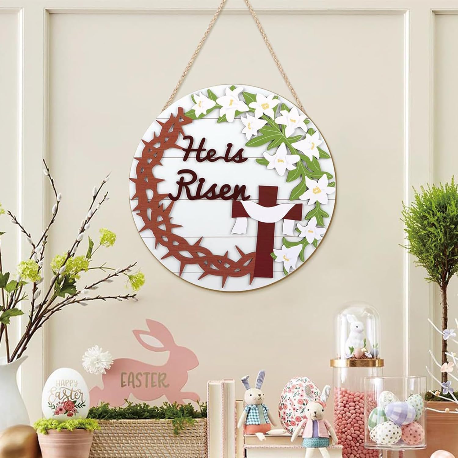 Rustic Wooden Hanger - Aesthetic Easter Door Sign, Spring Welcome Wall