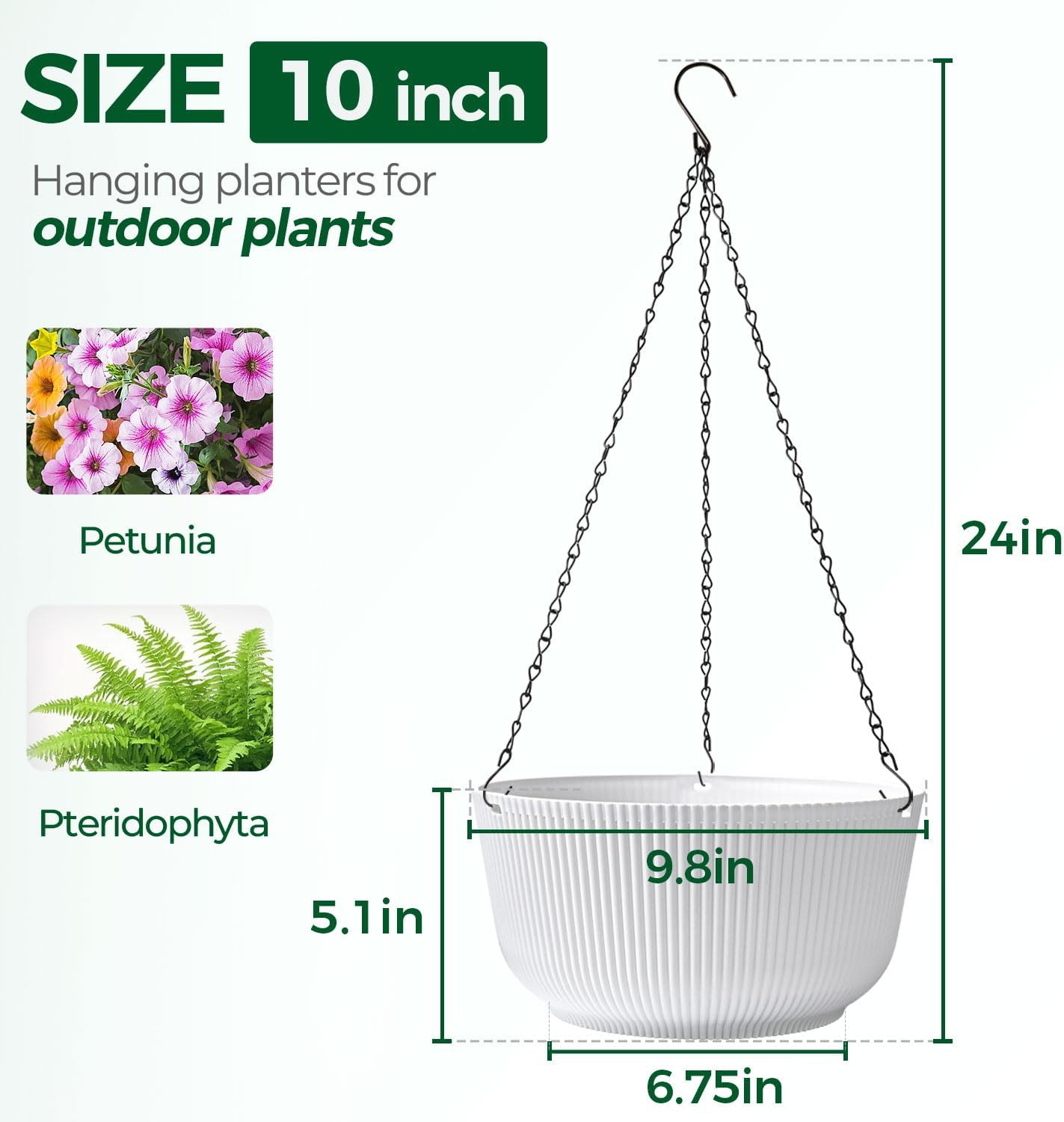 T4U 10 Inch Hanging Planters for Indoor Plants, 2 Pack White Self Wate