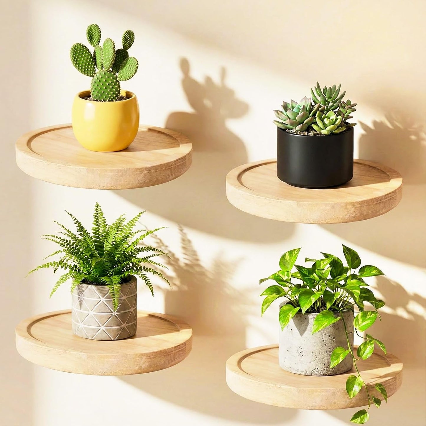 4PCS Decorative Shelf for Wall, Floating Circular Solid Wood Shelves, Space-Saving Decorative Storage Shelves with Candles, Planter, Pots, Ornaments for Bedroom Living Room Bathroom, Offices