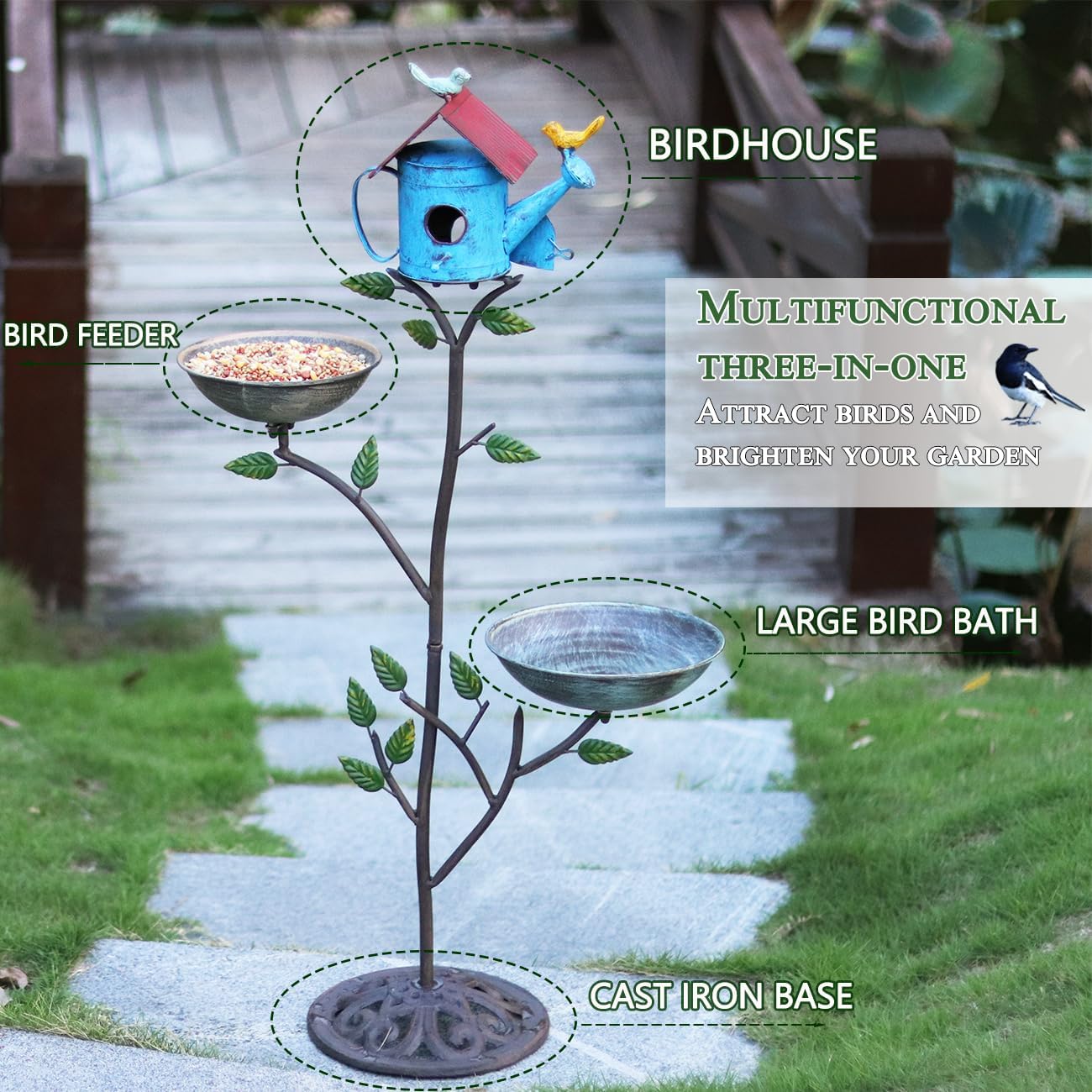Metal Birdhouse Outdoor, Birdhouse Pole – Integrates Bird Feeder and Bird Bath, 3-in-1 Multi-Functional for Yard Decorations Outdoor, Cast Iron Base
