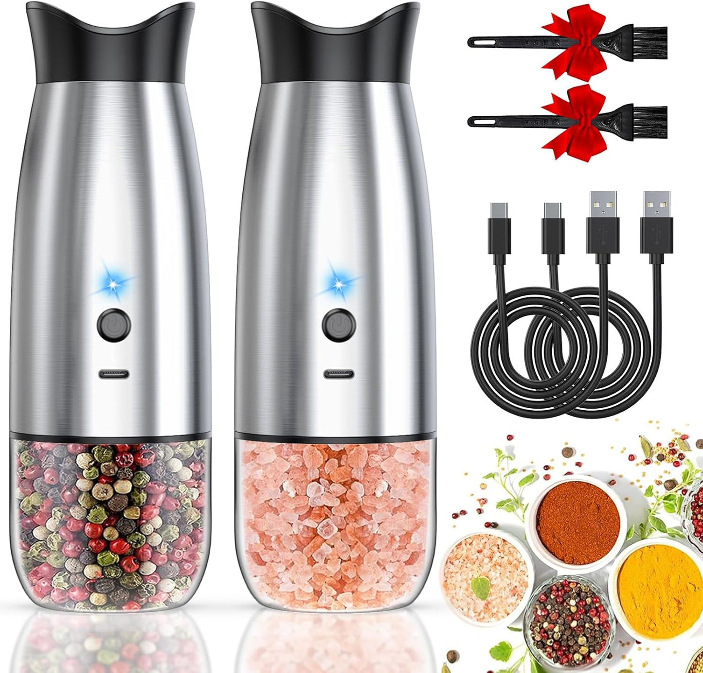 Electric Salt and Pepper Grinder Set, Rechargeable Automatic Pepper Mill Grinder with LED House Warming Gifts New Home, USB Adjustable Coarseness shakers, One-Hand Operation for Kitchen Appliances
