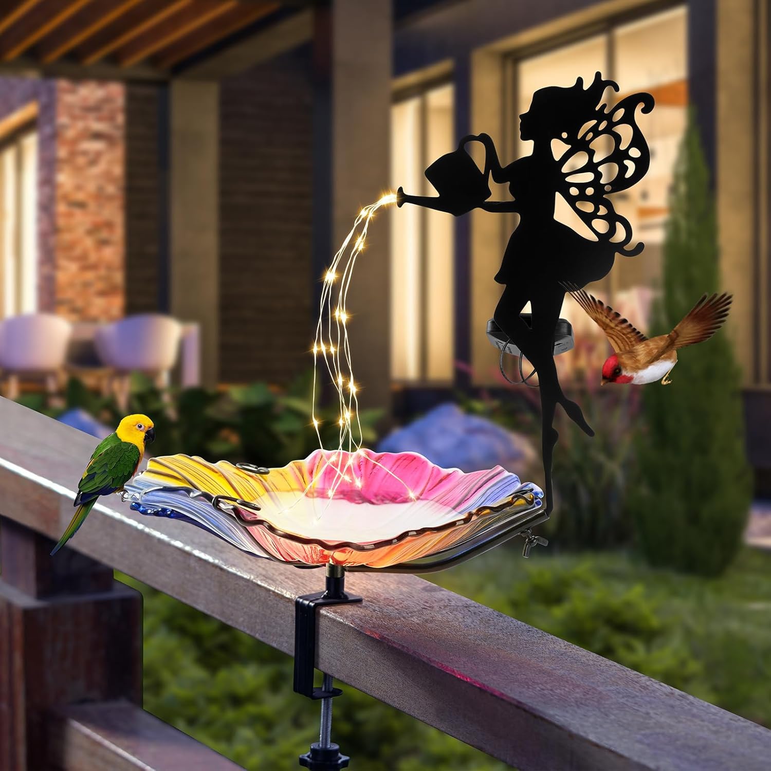 Solar Glass Colored Bird Bath，Birdbaths Deck Mounted 19.5 Inches Bird 