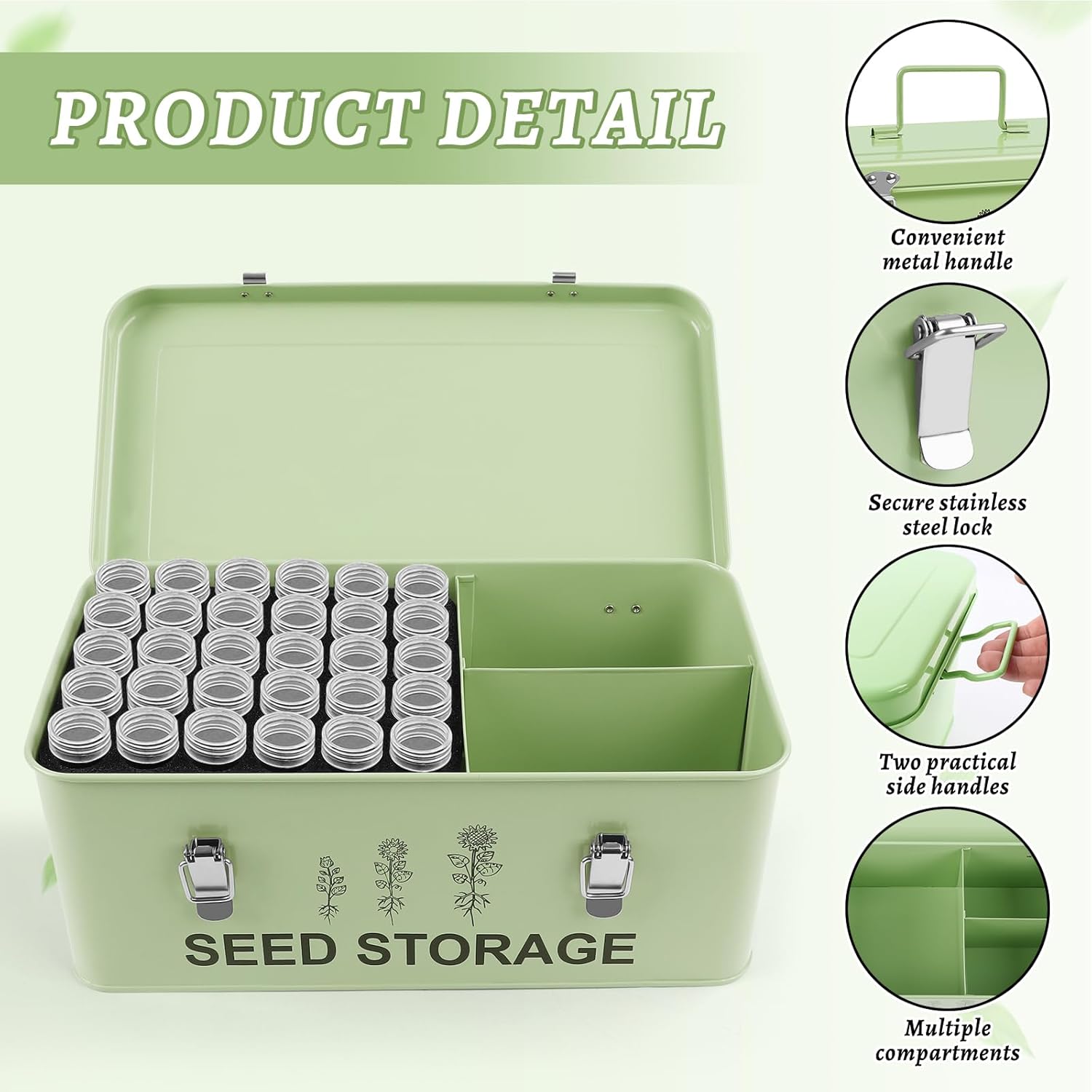 60 Slots Seed Storage Organizer, Metal Seed Saving Box with Lid and Sa