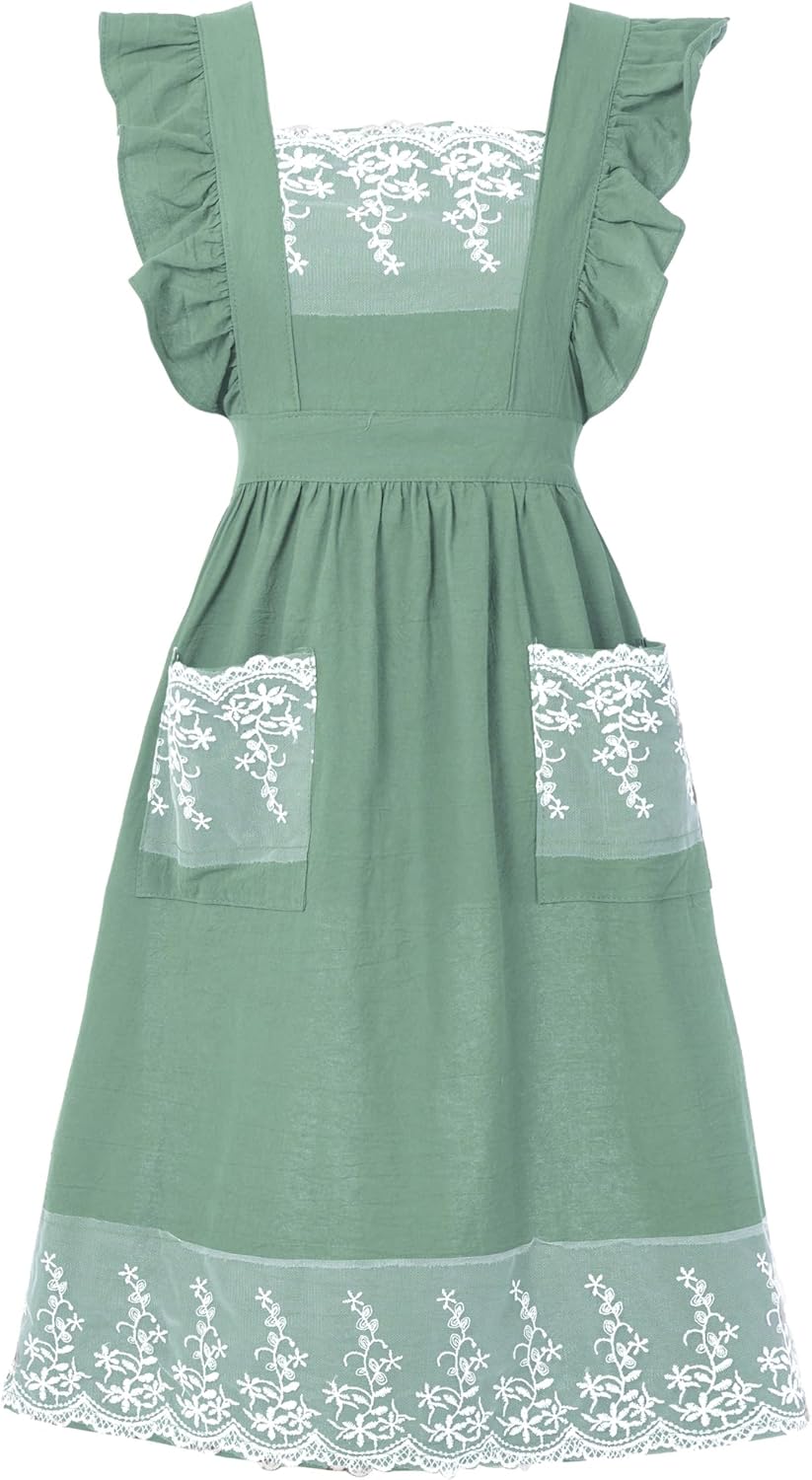 Vintage Aprons for Women with Pockets Cute Lace Ruffle Adjustable Apro