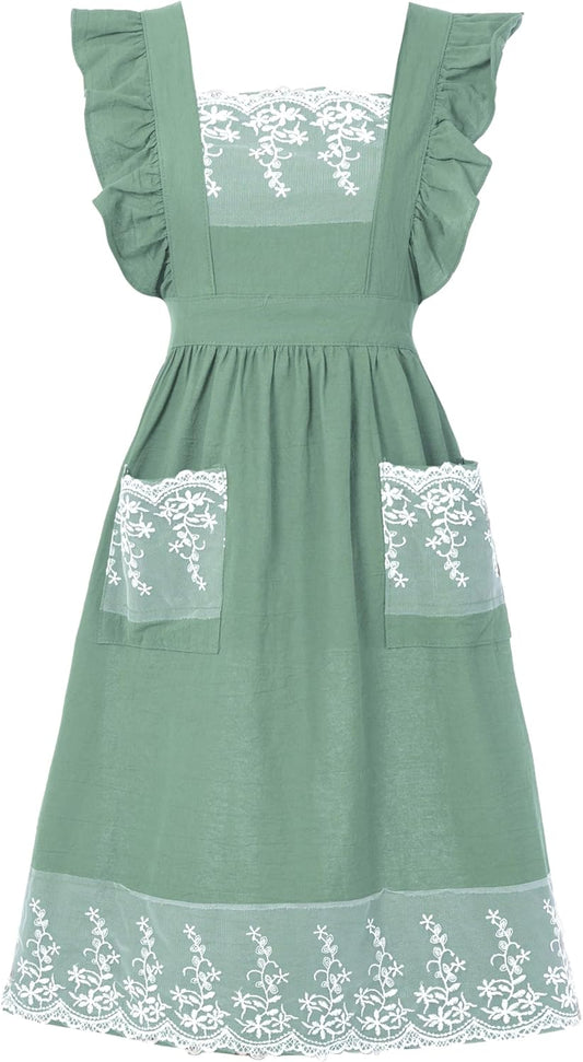 Vintage Aprons for Women with Pockets Cute Lace Ruffle Adjustable Apro