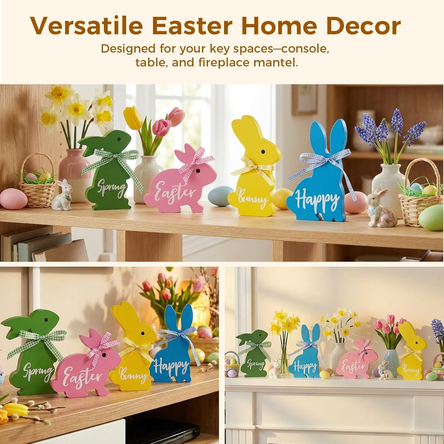 Easter Decor, 4 Pcs Bunny Spring Easter Decorations for Home Office Table, 5~6.4 Inches Wood Rabbit Easter Decorations Sign with Ribbons for Tiered Tray Mantel Shelf, Farmhouse Party Supplies