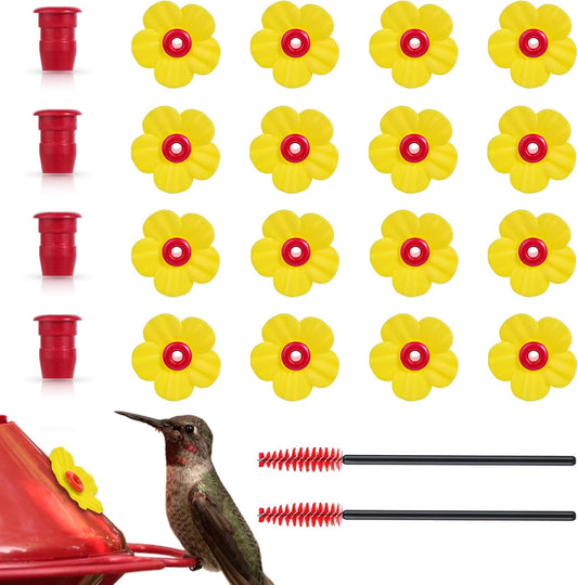 16Pcs Hummingbird Feeders Replacement Flowers with 2 Cleaning Brushes, Pet Hummingbird Feeder Parts Feeding Ports Bird Feeder Replacement Parts Accessories for Outdoor Hanging Feeders(Yellow)