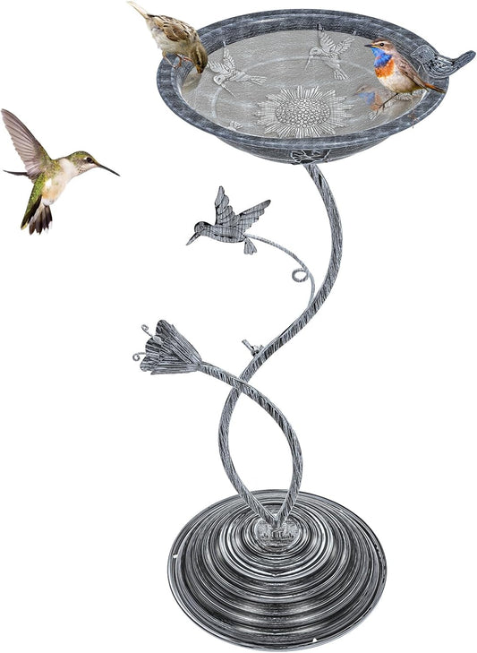 Bird Bath Garden for Outside, Vintage Metal Birdbaths Bowl with Roman Pedestal for Outdoors, Standing Bird Bath Bowl Birdfeeder for Yard Lawn Decor (Vintage Silver - Hummingbird)