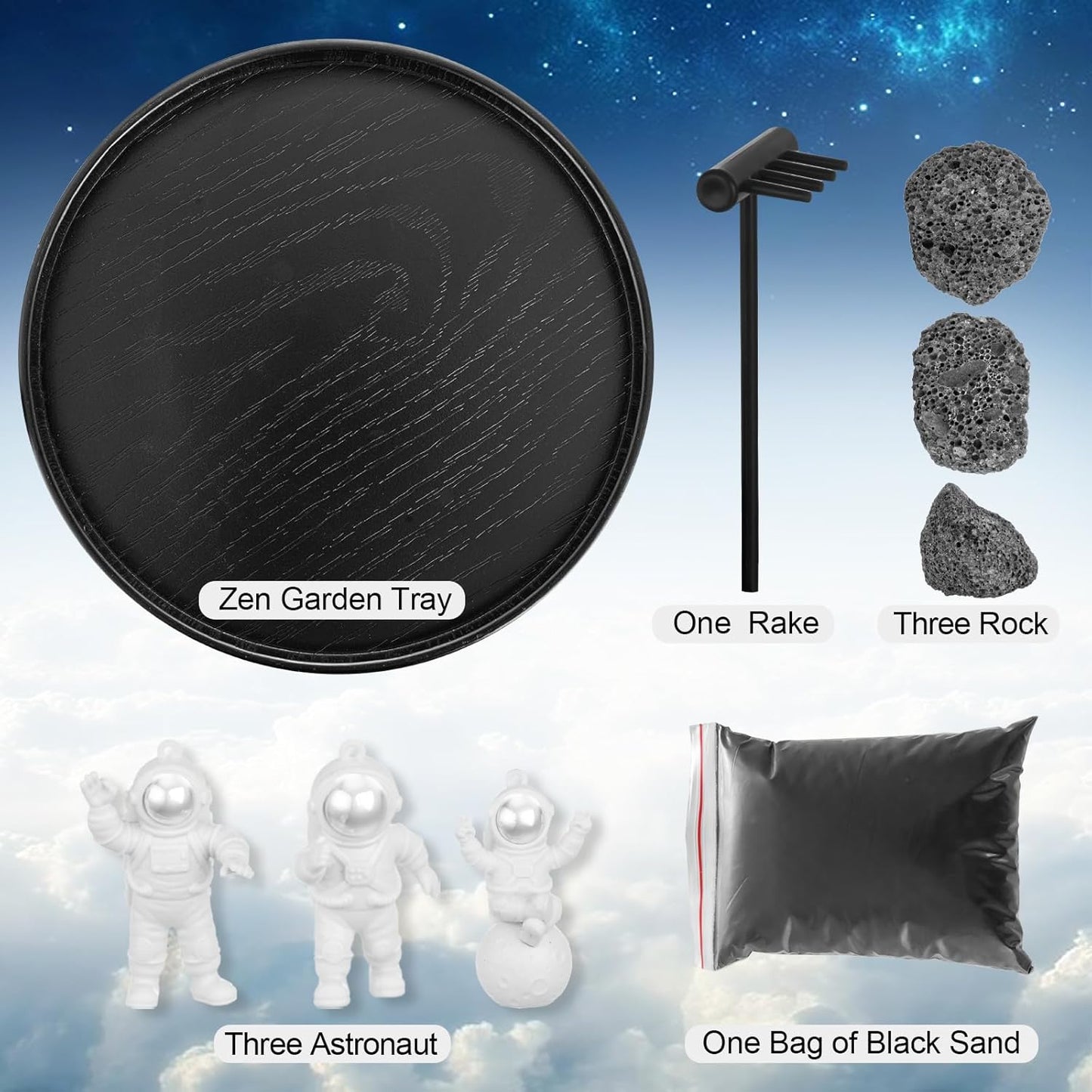 Zen Garden Kit for Desk – 8.2" Mini Zen Garden Desktop Decor with Astronauts, Black Sand, Stones & Rake Home Office Desk Decorations, Unique Decoration Gifts for Family and Friend