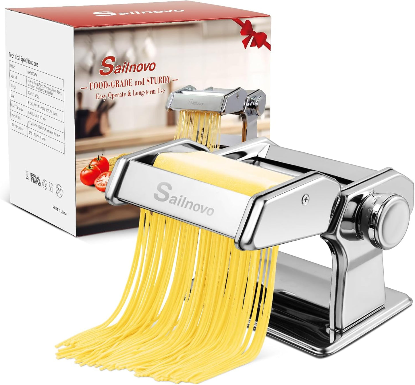 Sailnovo Pasta Maker Machine, 180 Roller Pasta Maker, 9 Adjustable Thickness Settings 2-in-1 Noodles Maker with Rollers and Cutter, Perfect for Spaghetti, Fettuccini, Lasagna or Dumpling Skin Silver