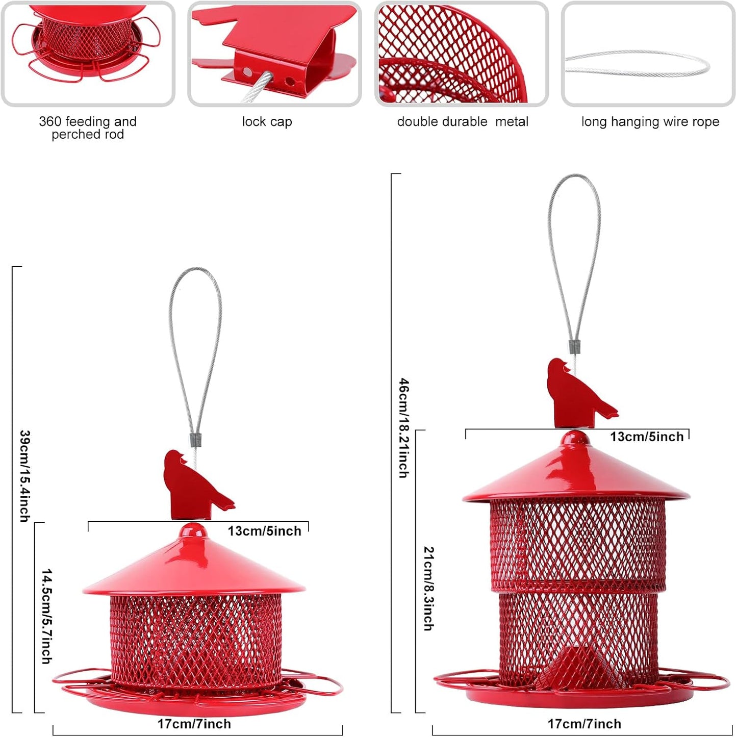 Metal Bird Feeders for Outdoor Hanging,Large Cardinal Bird Feeders Squirrel Proof Mesh Tube Wild Bird Feeder,Finch Seed Feeder with 4lbs Capacity for Chickadee Blue Jay(Red)