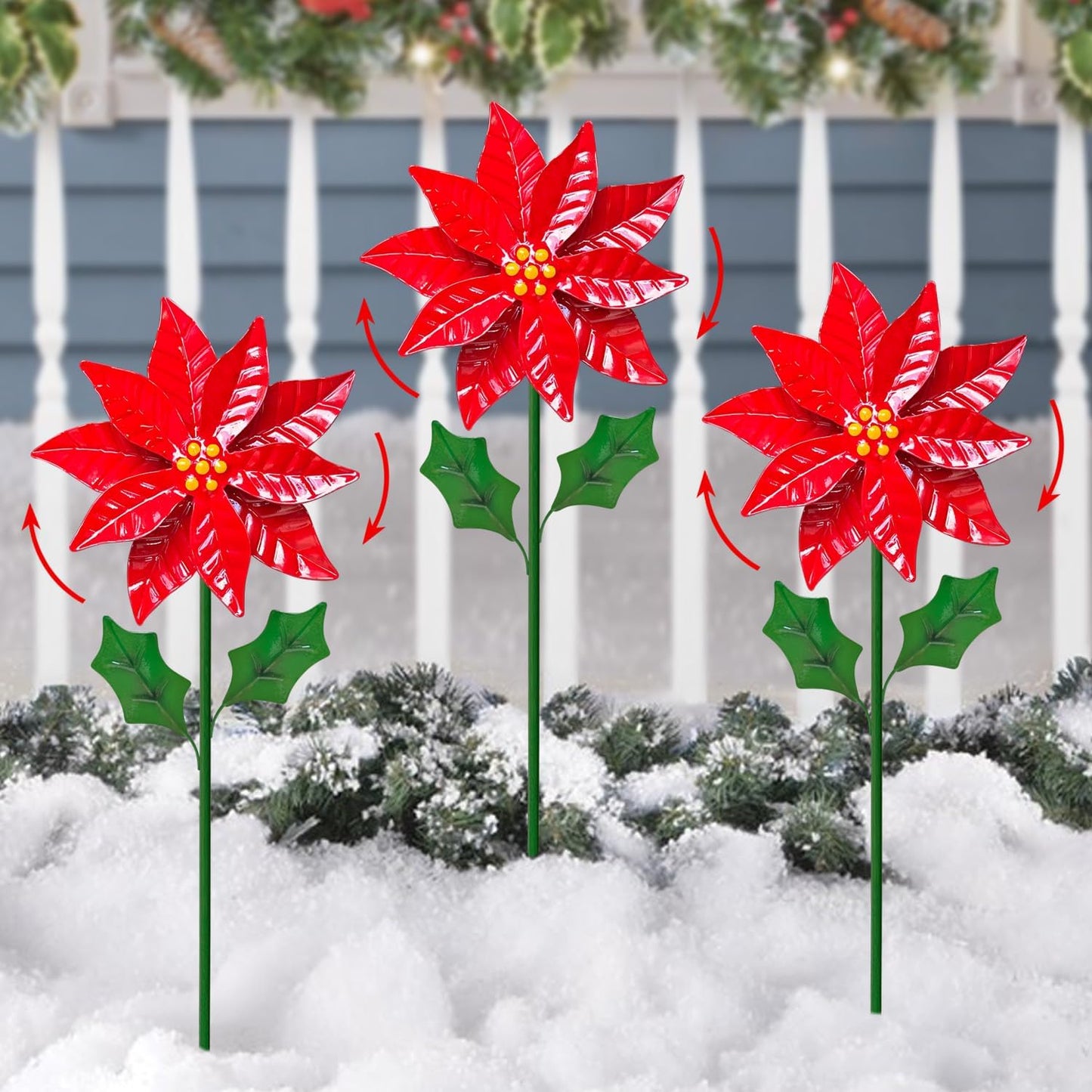 WAIU 3 Pack Outdoor Metal Poinsettia Wind Spinners Yard & Patio Christ