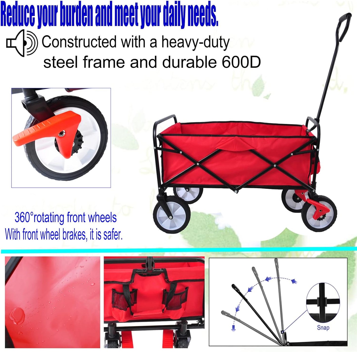 Folding Wagon Cart Collapsible Outdoor Utility Wagon with All Terrain 