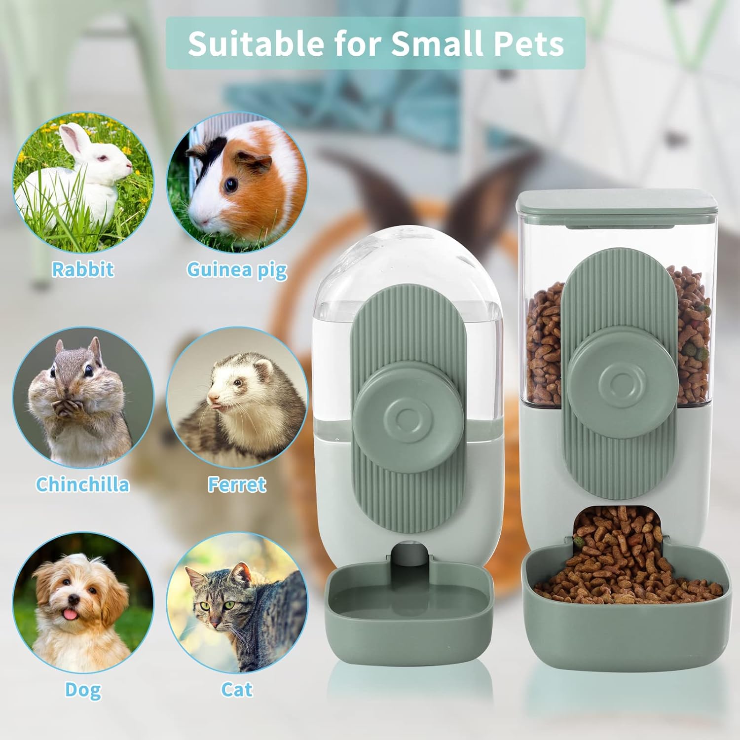 Hanging Automatic Food and Water Dispenser, Gravity Rabbit Feeder Set,