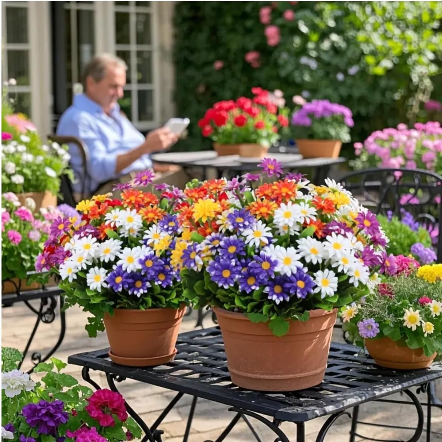 10 Bundles Outdoor Artificial Daisies Plastic Flowers UV Resistant Fake Daisy Flowers Faux Plants for Home Decor Indoor Outside Front Porch Window Box Planter Garden Pot Decoration