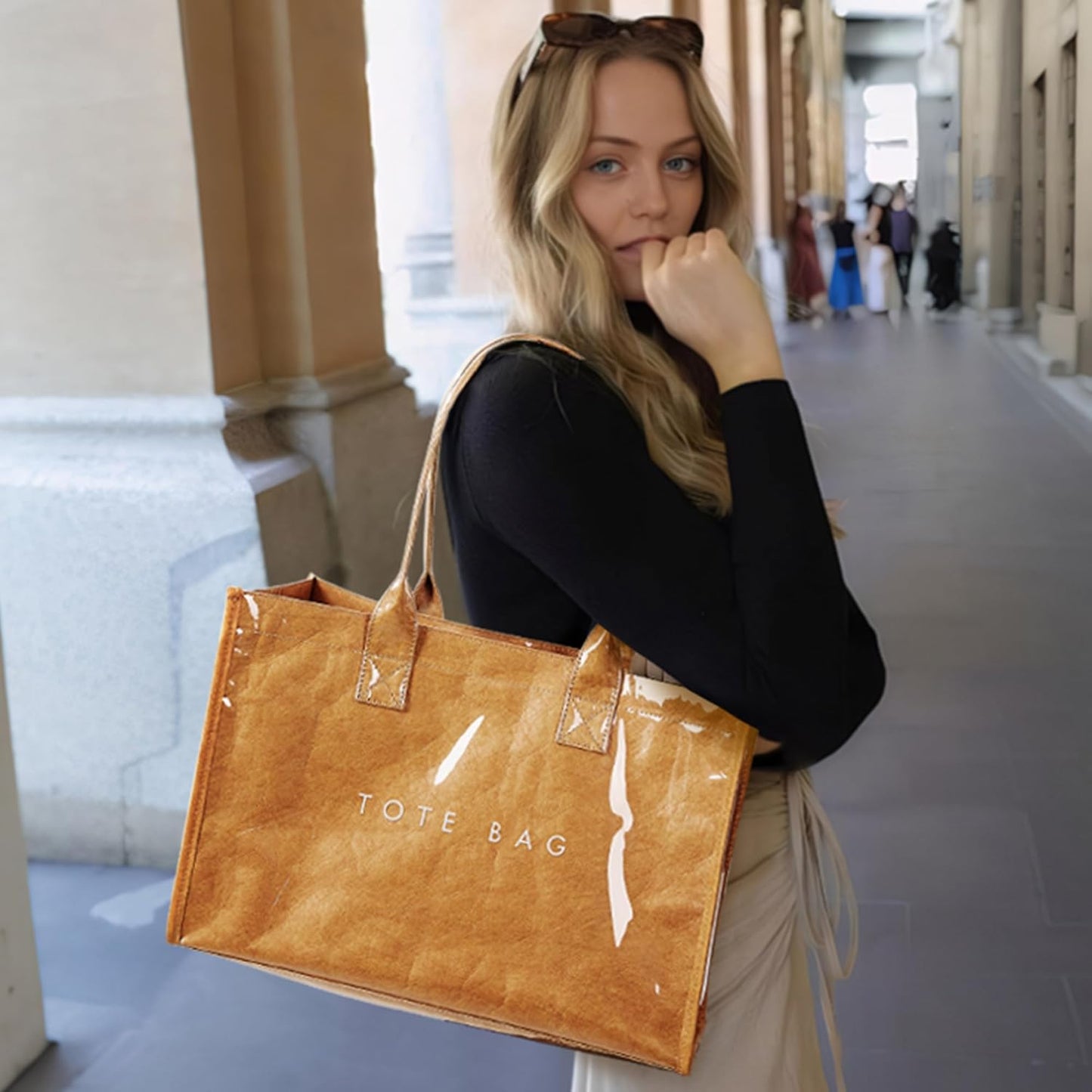 KALIDI PVC Tote Bag Women’s Kraft Paper Work Handbags Purses with Top 