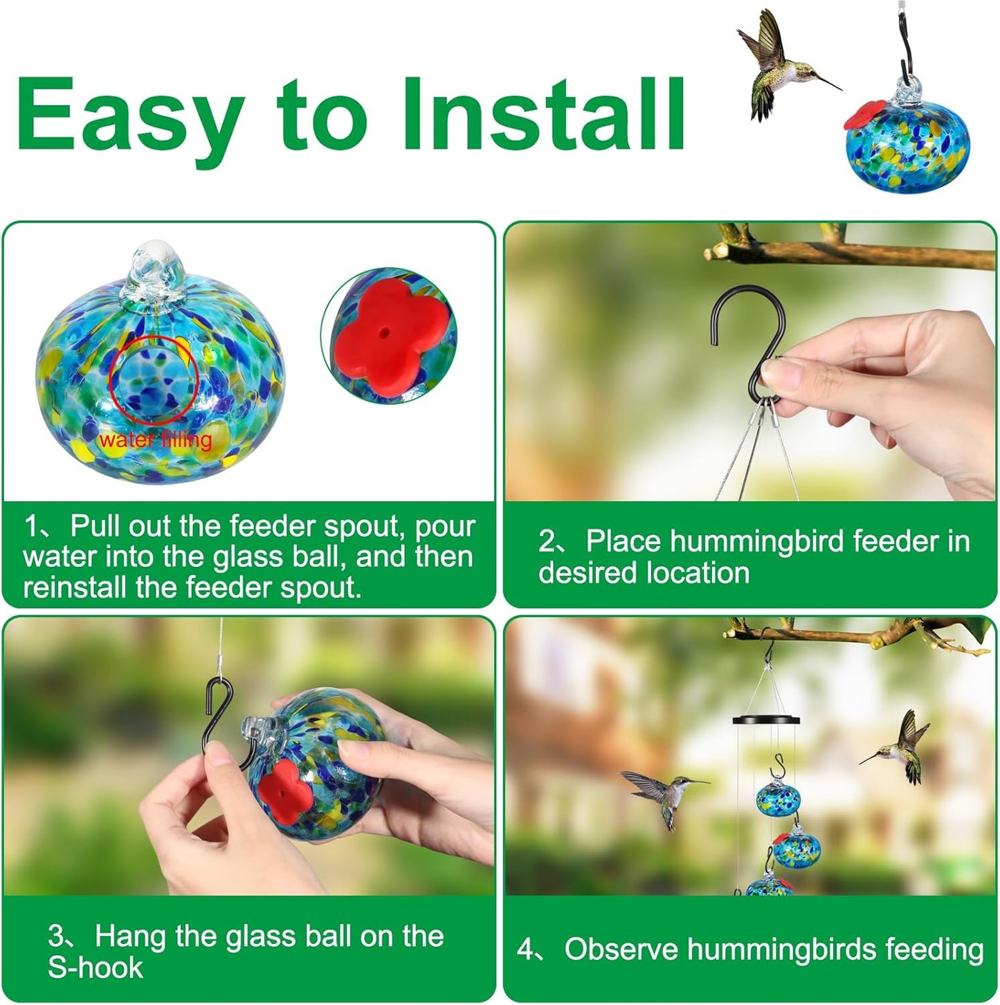Glass Wind Chimes Hummingbird feeders for Outdoors Hanging Birthday Gifts for Women Mom Grandma Colored Glass Balls Charming Wind Chimes Garden Decor Outside for Yard, Patio,Backyard