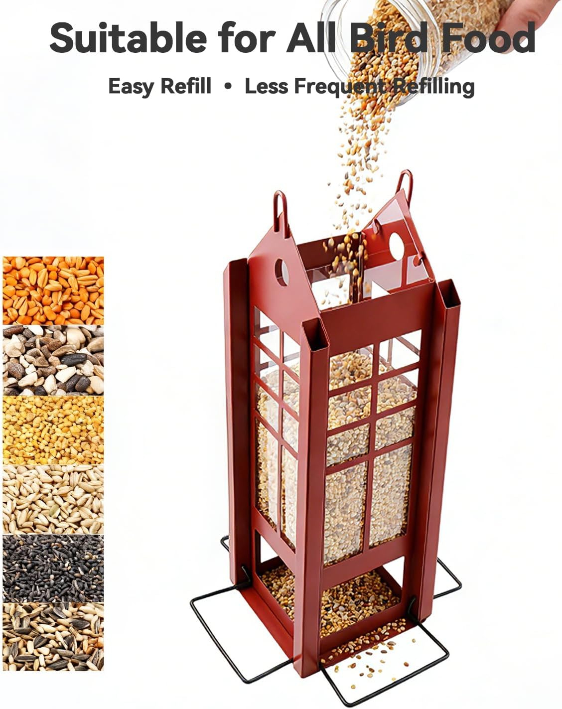 Hanging Bird Feeder for Outdoors, Metal Bird Seed Feeder with Roof, Large Capacity Wild Bird Feeder for Garden Yard Patio, Squirrel Resistant Easy Refill Bird Feeder