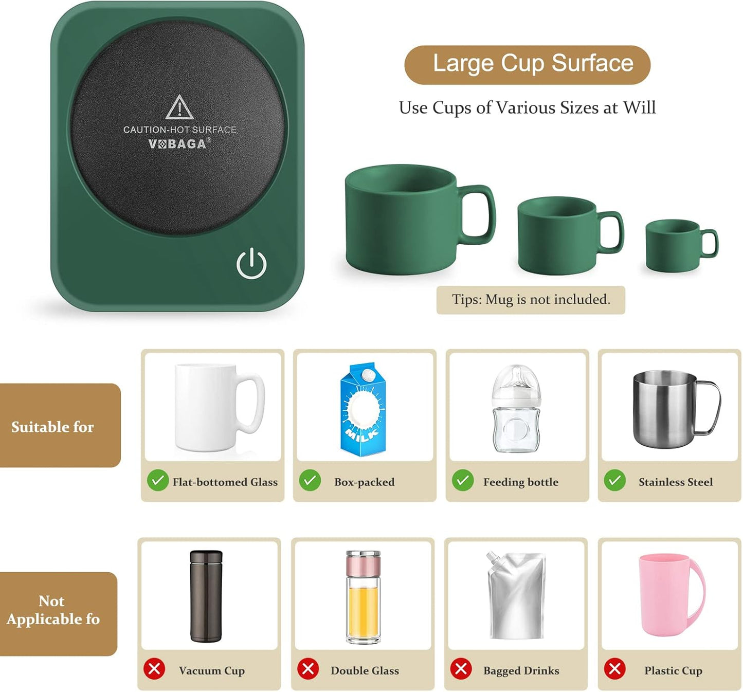 VOBAGA Coffee Mug Warmer for Desk with Auto Shut Off & 3-Temp Settings