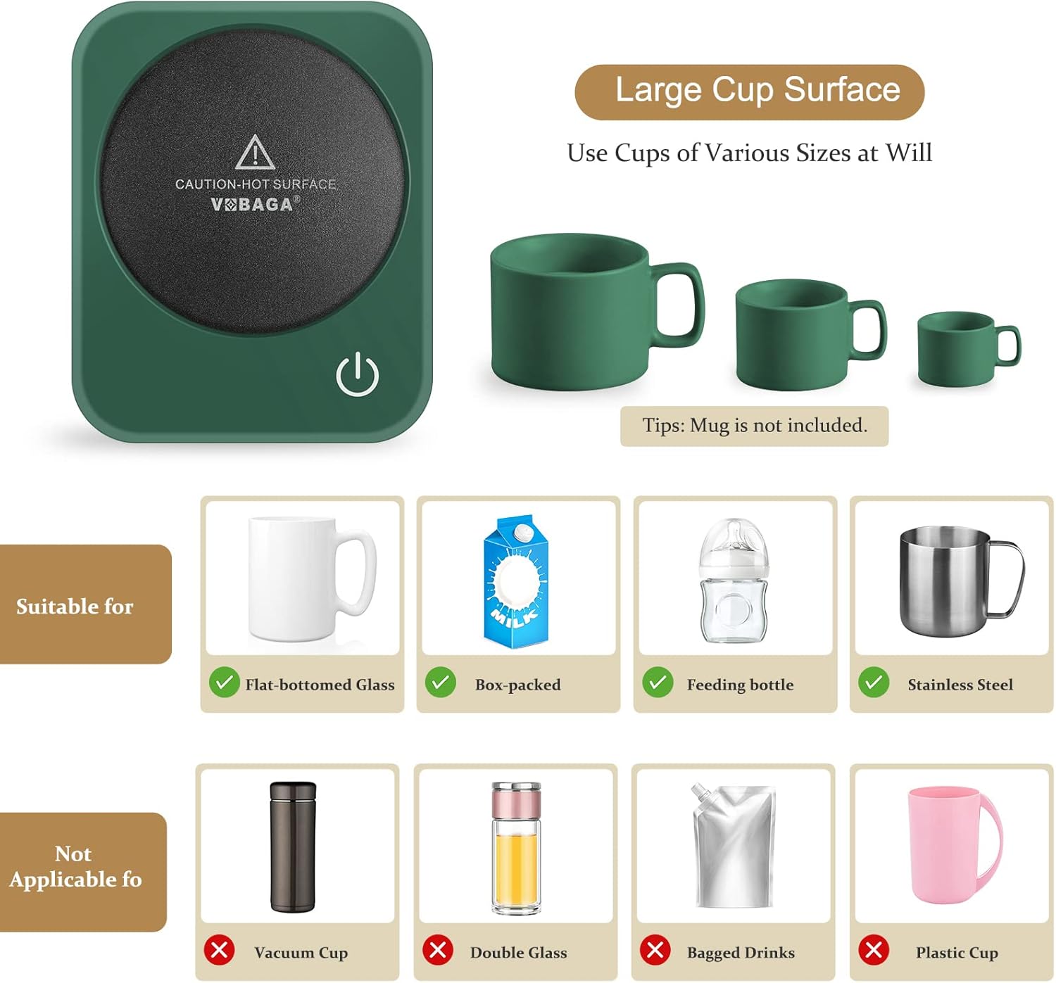 VOBAGA Coffee Mug Warmer for Desk with Auto Shut Off & 3-Temp Settings