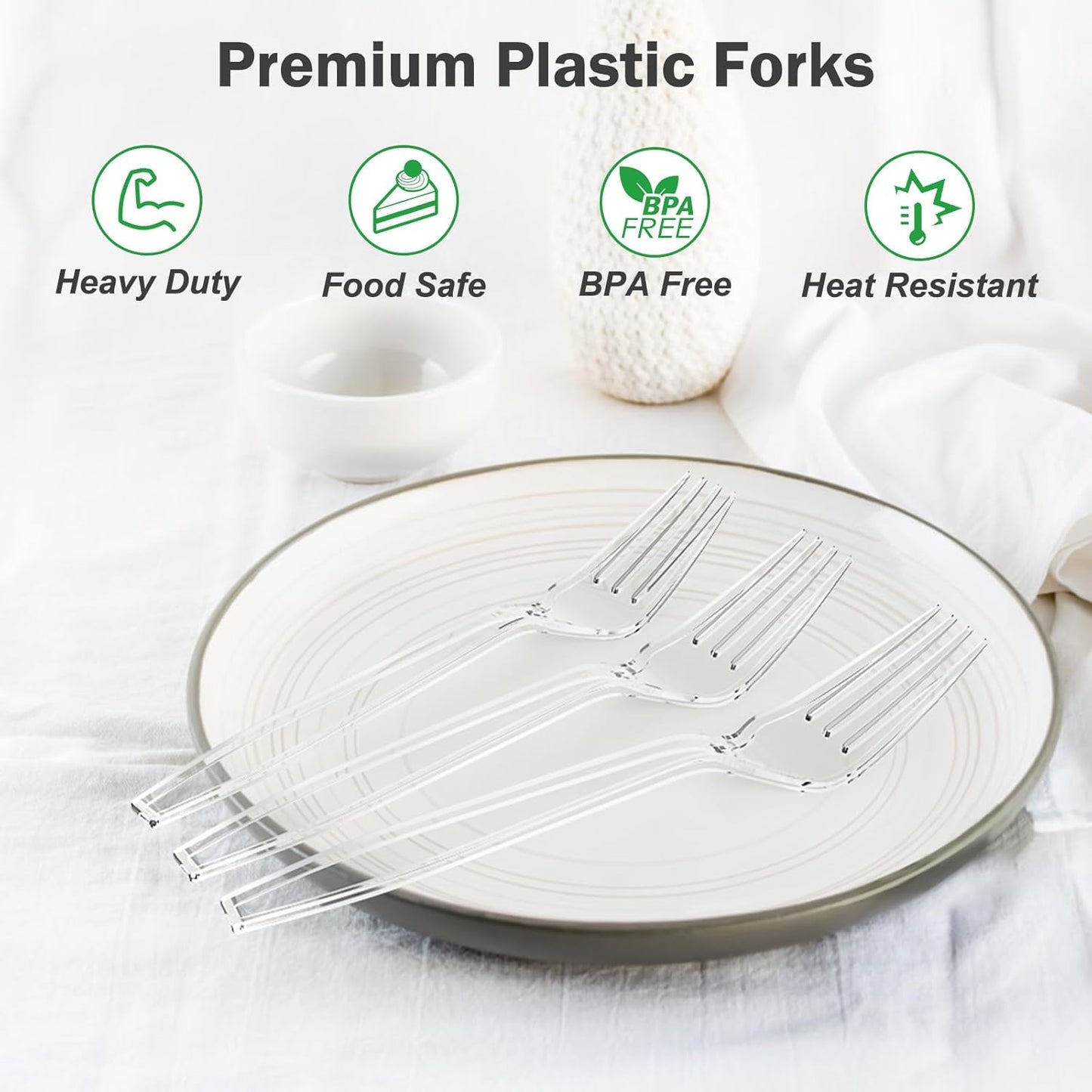 100 Count Extra Heavy Duty Clear Plastic Forks Disposable, BPA-Free, H