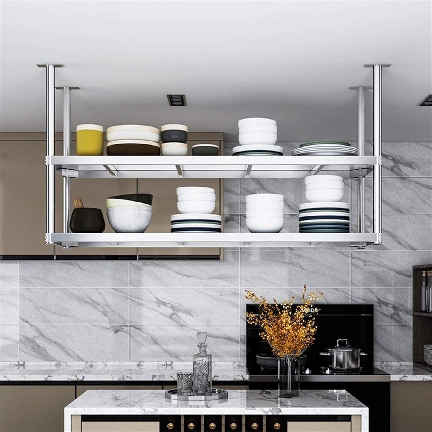 Stainless steel ceiling wine rack, hanging storage rack, minimalist kitchen shelf, outdoor plant stand, 2-tier kitchen shelves, easy to install, can bear 70-90kg (size: 120 * 35 * 80cm)