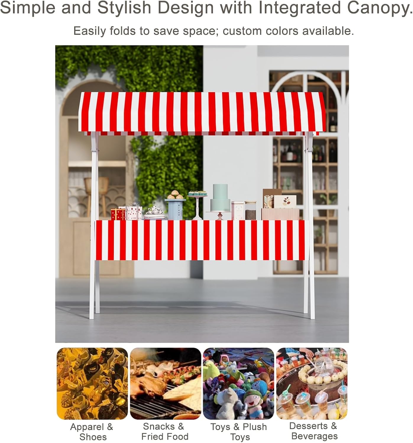 Portable Food Cart with Striped Canopy, Mobile Street Vendor Stand, Market Stall Carts for Outdoor Events, Food Truck on Wheels, Green 150cm/59in