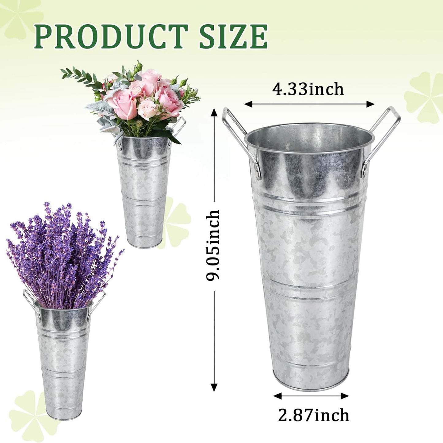 Galvanized Metal Bucket Vases Set of 8, 9 Inch Farmhouse French Flower Buckets Pots with Handles, Rustic Decorative Metal Holder Flower Vase for Home Wedding Table Centerpiece Decor (Silver)