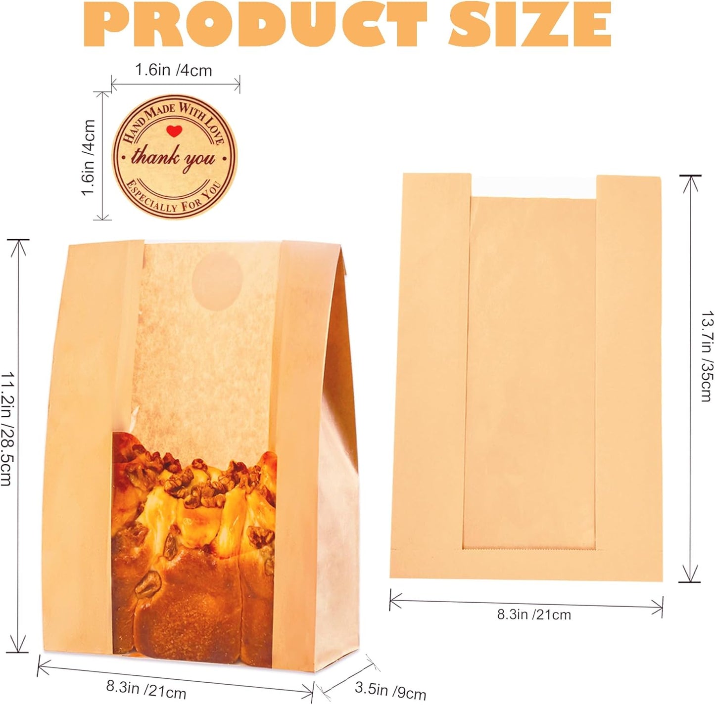60pcs Paper Bread Bags for Homemade Bread, Sourdough Bags with Window, 13.7 x 8.3 x 3.5 Inch Large Brown Kraft Bakery Bag for Storing Loaves & Snacks, Includes 70 Sealing Stickers
