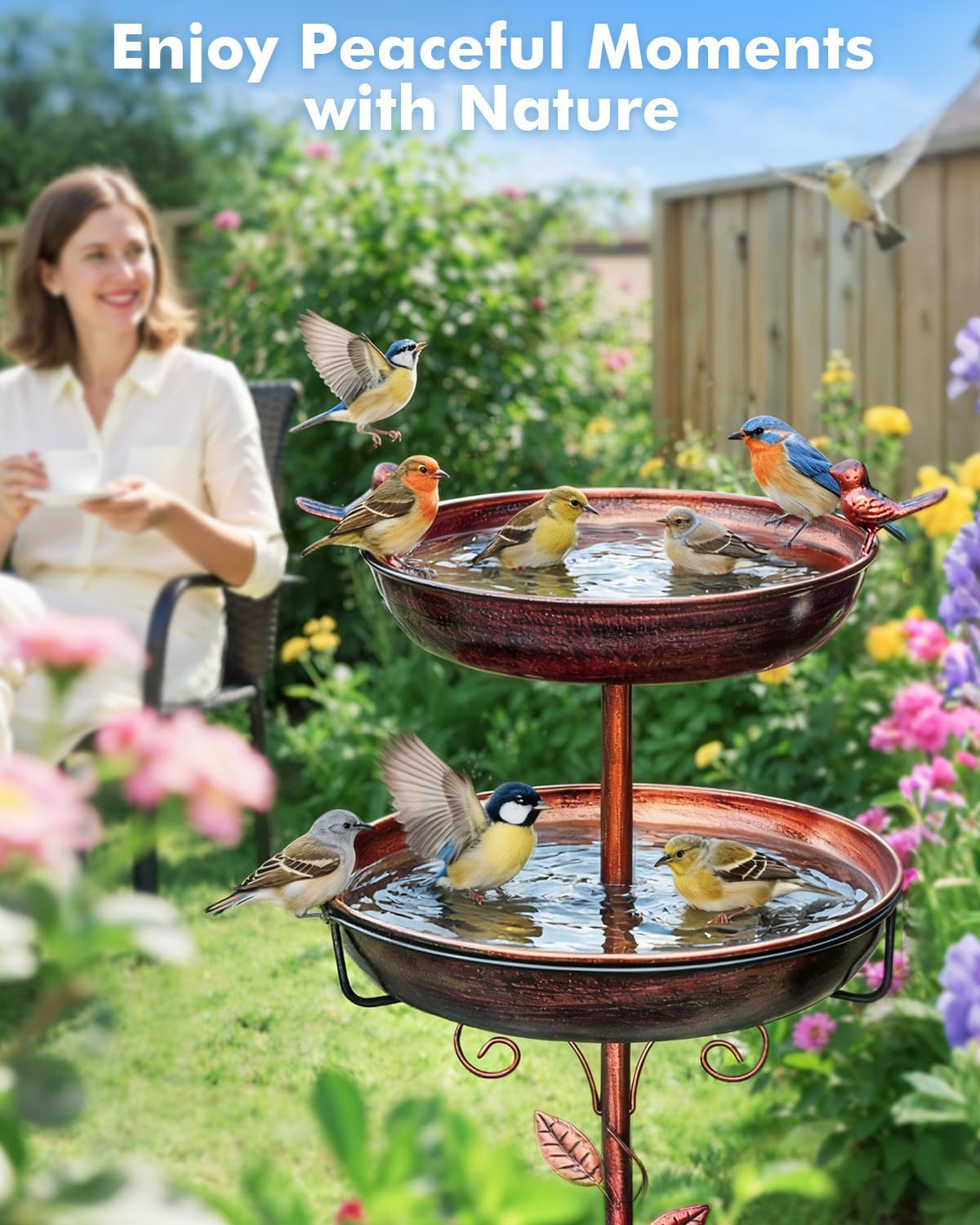 Metal Bird Bath for Outside - Outdoor Garden Decor Birdbath 2-Tier Water Bowl with Copper Finish Stake Adjustable Height 45'' Tall for Yard