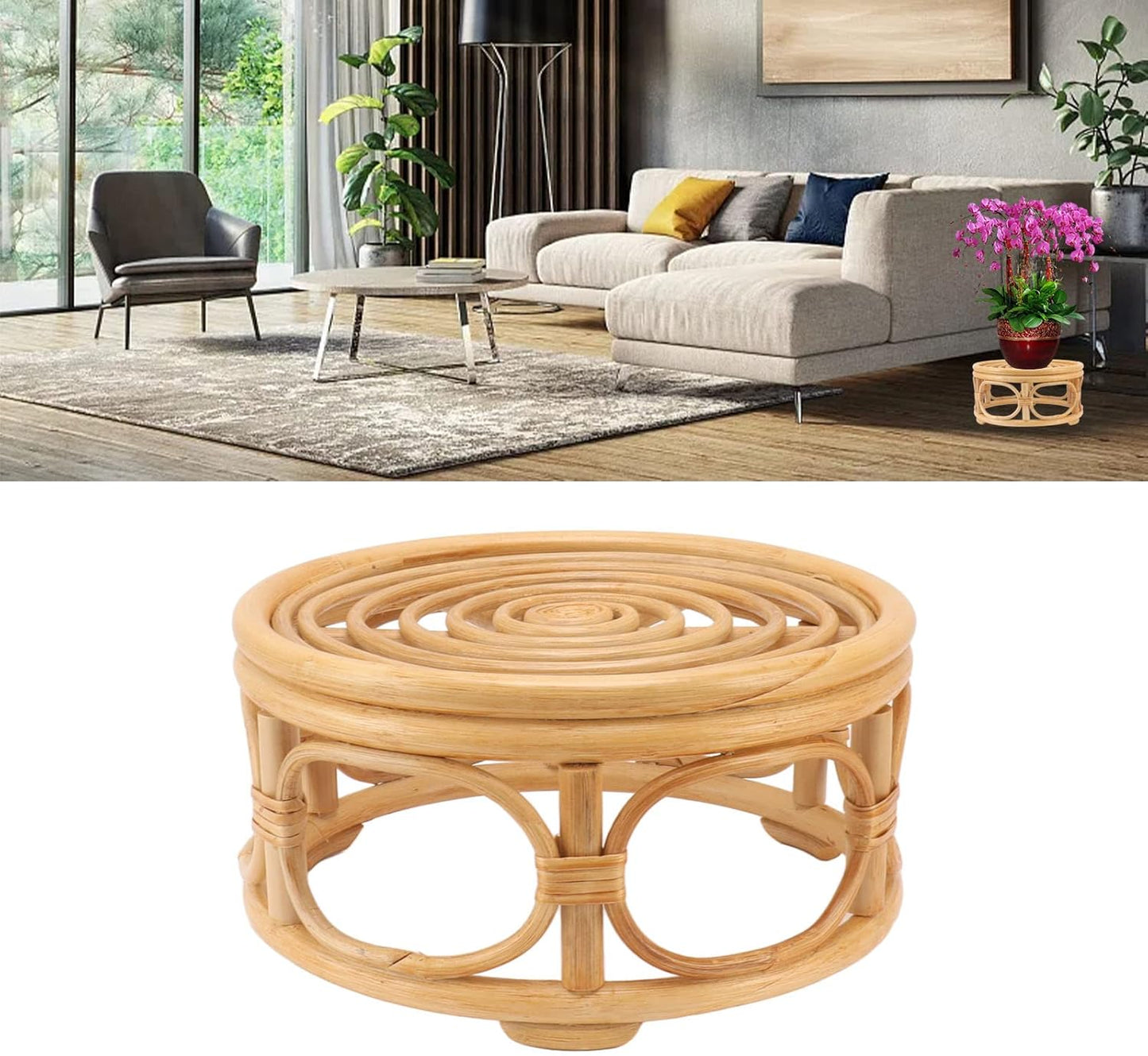 Indoor Rattan Plant Stand, Round Plant Rack, Handmade Rattan Plant Stand for Home, Garden, Yard (Rattan 2)