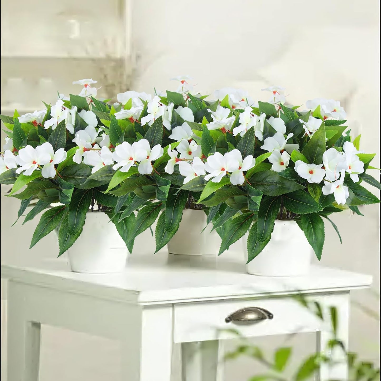 2 Pcs Artificial Impatiens Flowers for Outdoors Faux Impatiens Bushes White Silk Flowers Greenery Artificial Impatiens Bouquet for Patio Lawn Garden Pot Hanging Basket Porch Decoration